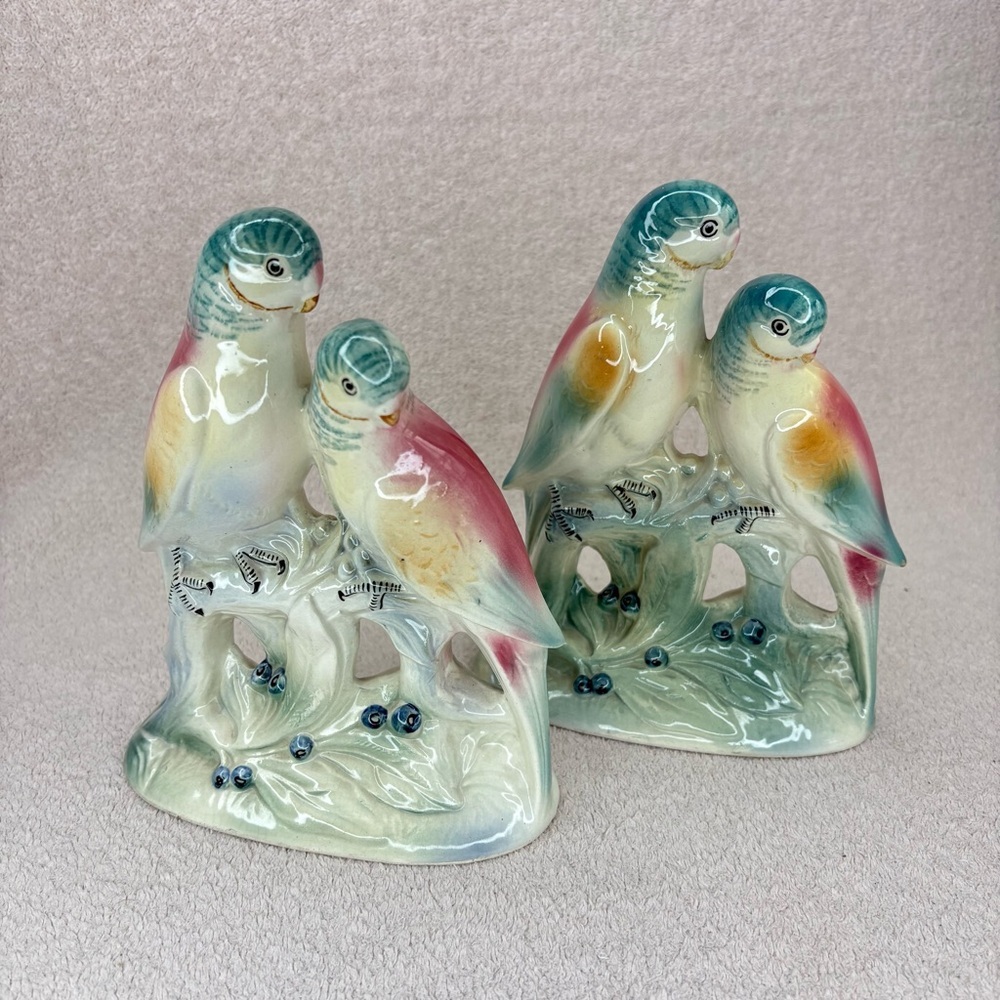 Vintage Spaulding China Co Parakeet Bird Figurine Set 1950s Lovebirds VTG Retro - Picture 2 of 14